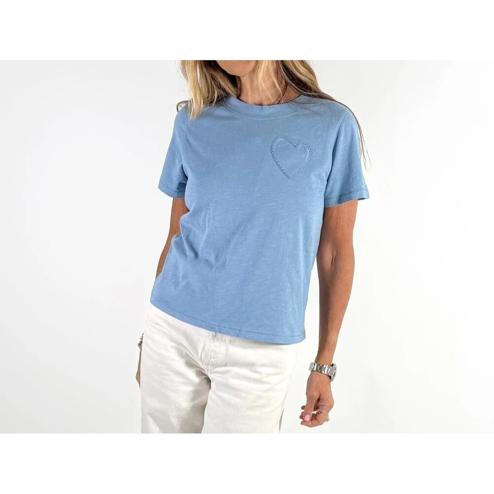 Kerri Rosenthal Heart Patch Slub Tee Blouse Top Blue Cotton Solid L 291929